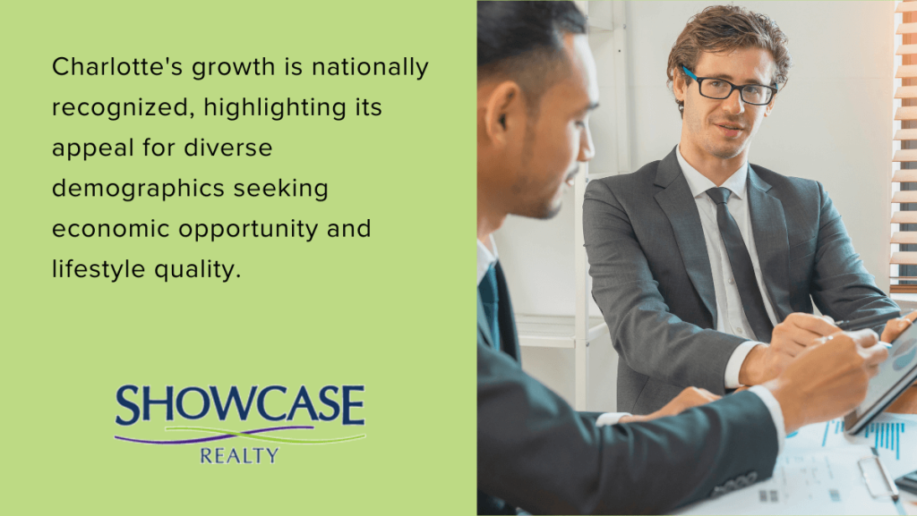 A quote highlighting Charlotte's nationally recognized growth and its appeal for diverse demographics seeking economic opportunity and lifestyle quality.