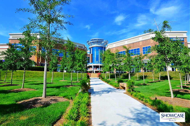 Ballantyne Village Charlotte NC Community Center Scenic view of Ballantyne Village in the heart of Ballantyne Charlotte NC, showcasing a modern community center surrounded by landscaped greenery and young trees under a clear blue sky. A popular destination for dining, shopping, and entertainment within the Ballantyne Charlotte NC community.
