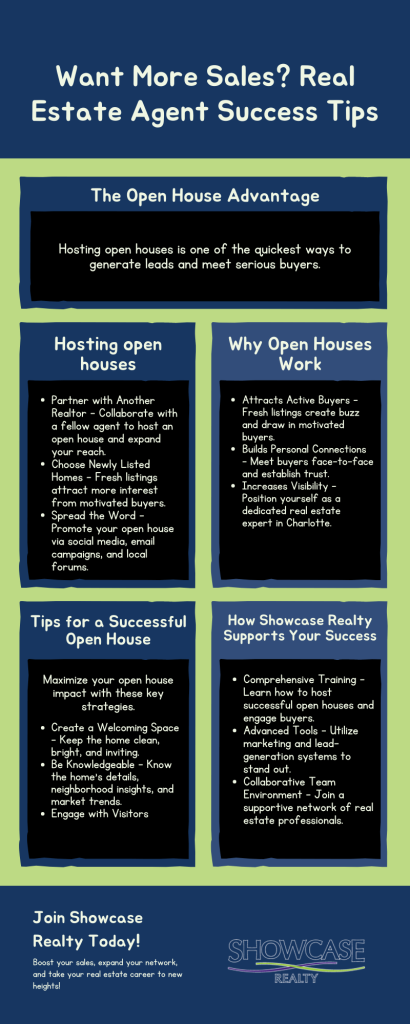 An infographic titled "Want More Sales? Real Estate Agent Success Tips," outlining strategies for hosting successful open houses, attracting buyers, and boosting sales in the Charlotte NC real estate market. The infographic emphasizes the benefits of open houses, tips for success, and how Showcase Realty supports real estate agents in their careers. This guide is designed for Charlotte NC real estate agents looking to increase their sales and visibility.
