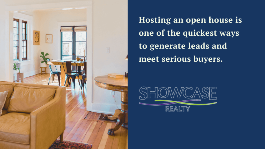 A beautifully staged home with warm natural lighting, hardwood floors, and a cozy living and dining space, accompanied by a Showcase Realty branding graphic. The text emphasizes the importance of hosting an open house to generate leads and attract serious buyers in the Charlotte NC real estate market. Showcase Realty provides expert strategies for real estate agents to succeed in the competitive Charlotte housing market.
