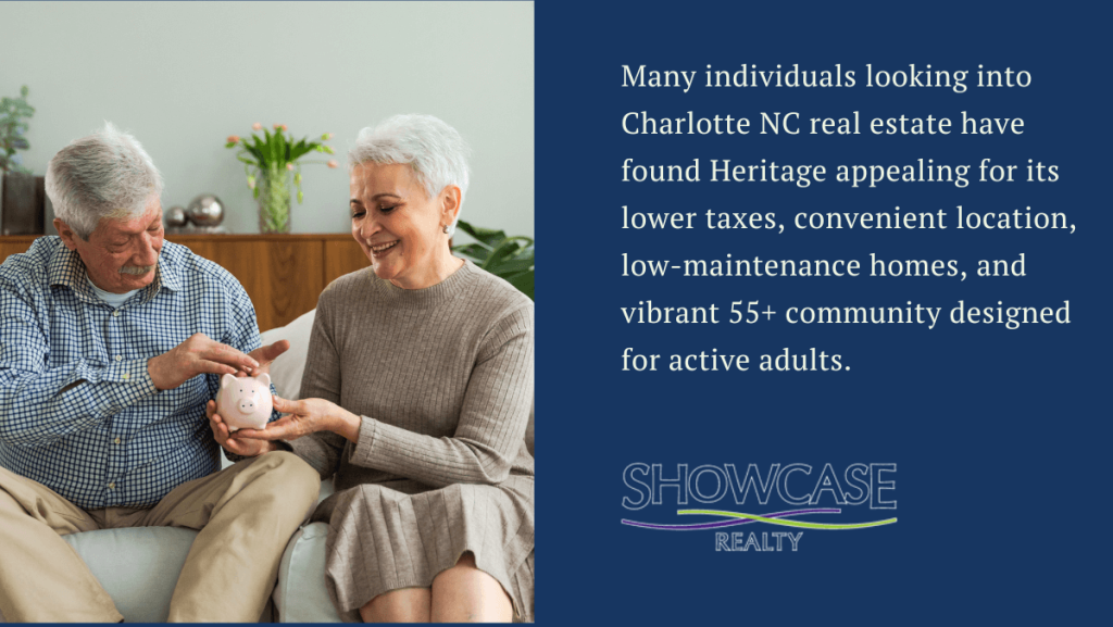 A smiling senior couple sitting on a couch holding a piggy bank, representing the financial benefits of Charlotte NC Real Estate and low-maintenance living in Heritage. The Showcase Realty logo is displayed, highlighting Charlotte NC Home Buying services for active adults.