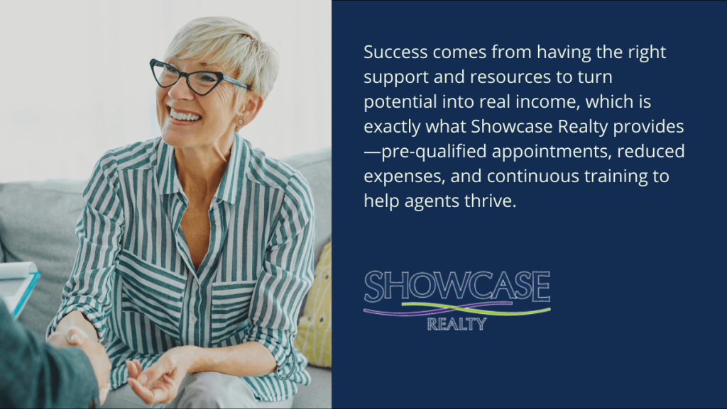 A smiling woman with short blonde hair and glasses, dressed in a green and white striped shirt, shakes hands with another person in a professional setting. Beside her, a text highlights how Showcase Realty supports Charlotte NC real estate agents with pre-qualified appointments, reduced expenses, and continuous training.
