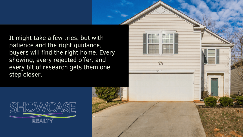 Motivational quote about patience in the home buying process alongside a photo of a two-story beige home with a double garage in Charlotte NC, promoted by Showcase Realty and reflecting the real journey of Charlotte NC home buying.
