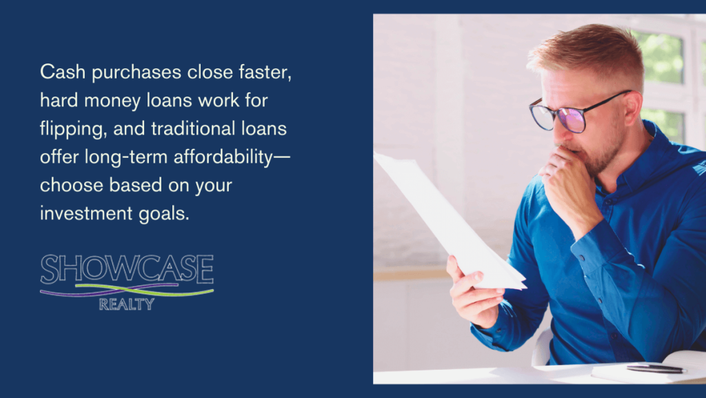 A man in a blue shirt sits at a desk, carefully reviewing a financial document, representing the decision-making process for real estate investment financing. The text on the image highlights the benefits of cash purchases, hard money loans for flipping, and traditional loans for long-term affordability. Showcase Realty provides expert guidance on selecting the best financing option for Charlotte NC Real Estate investors.