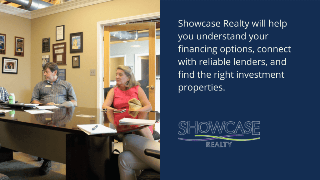 Two real estate professionals meet at a conference table to discuss financing options and investment opportunities. This image represents the support Showcase Realty provides to clients navigating Charlotte NC real estate and Charlotte NC home buying for profitable investments.